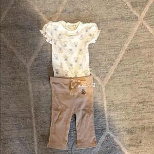 Kids Matching Set with Floral Print Top and Tan Pants